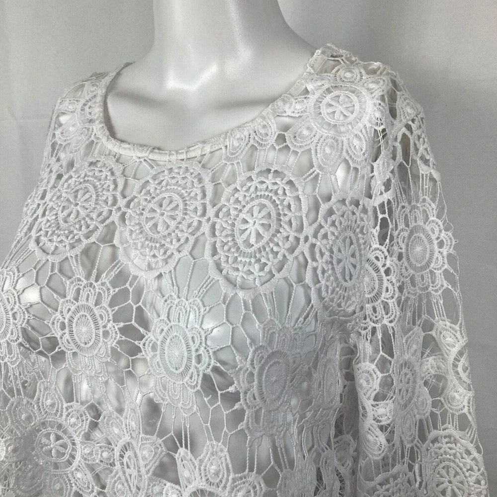 Anne Klein Sweater Womens Sz S White Crochet Lace Round Neck Tunic Pullover - Picture 3 of 9
